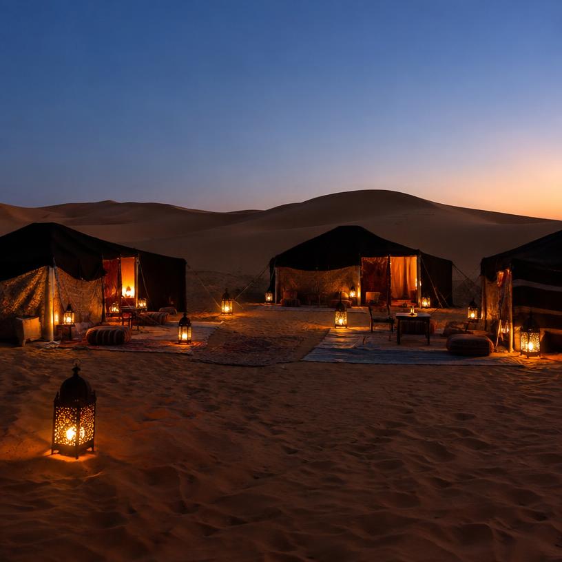 Tents of a small desert camp glowing at dusk in the Sahara