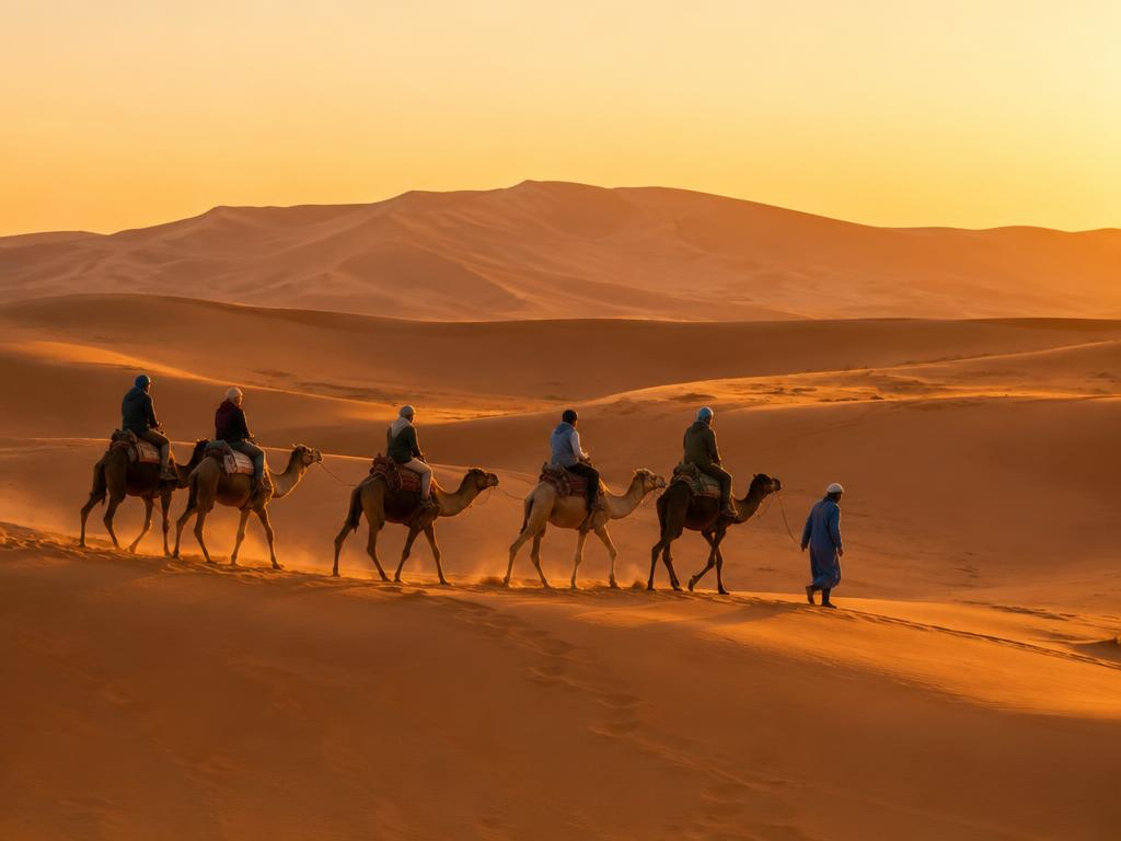 A camel caravan crossing the dunes near Merzouga at golden hour