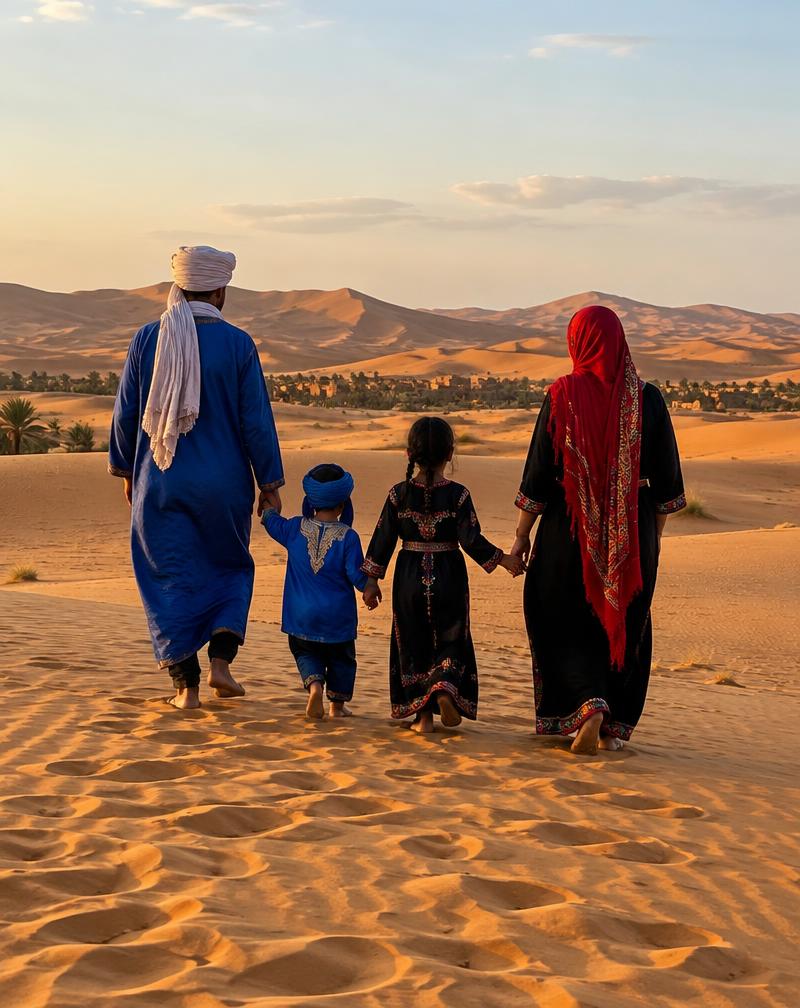 A local family walking together on the dunes near Merzouga