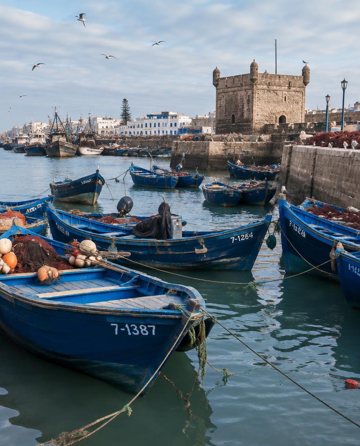 Blue fishing boats in a harbour on the Moroccan Atlantic coast