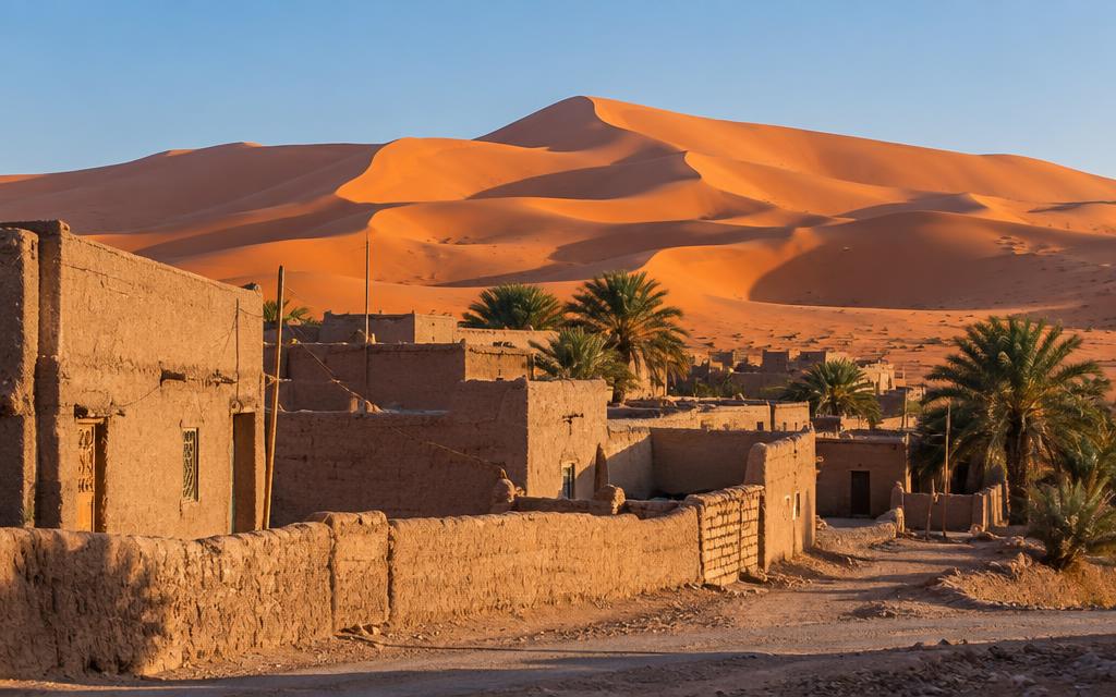 Houses at the edge of Merzouga village beside the dunes