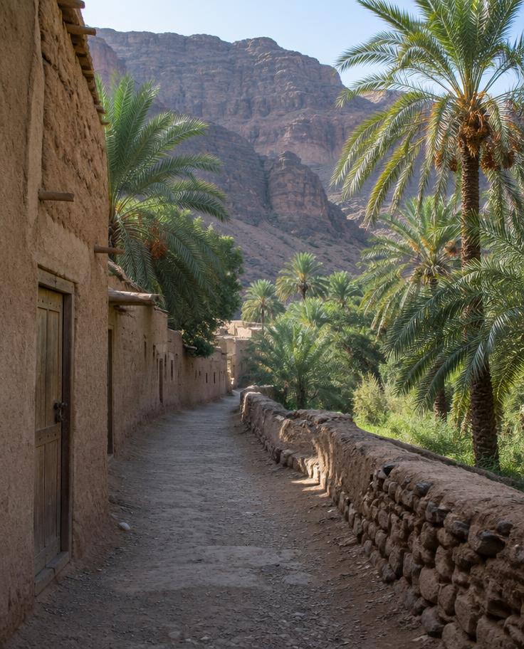 A quiet village lane running through a palm valley