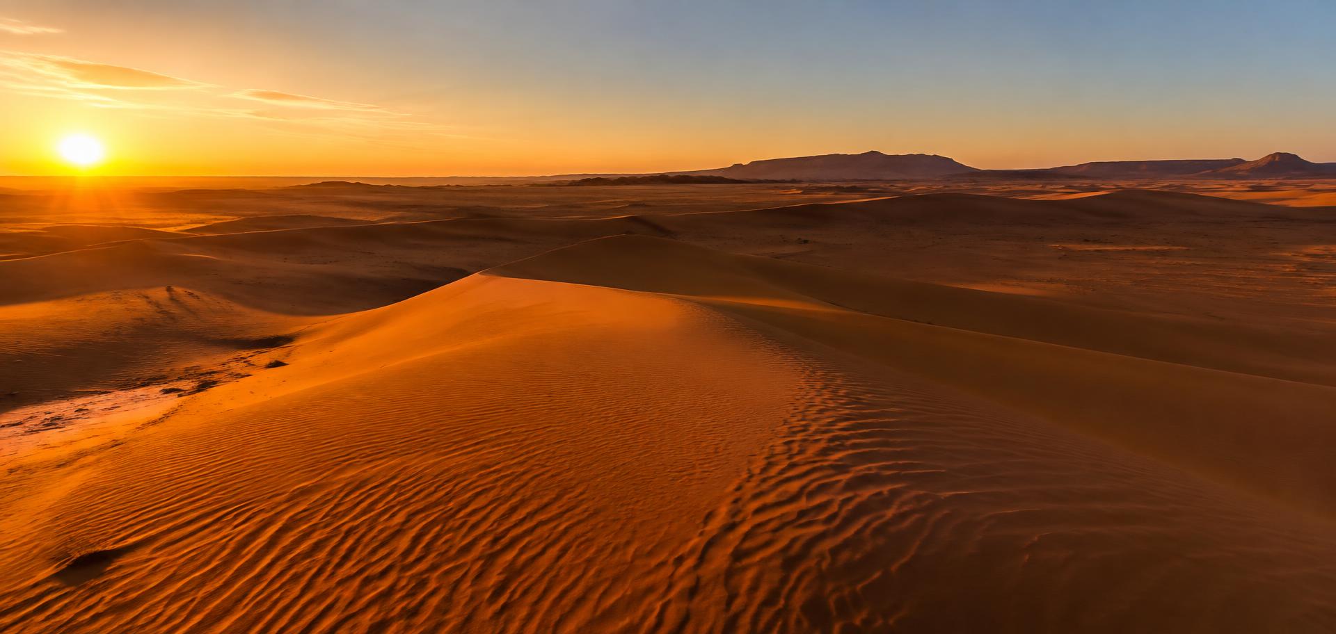 Wide view of the Sahara near Merzouga with low sunlight across the dunes